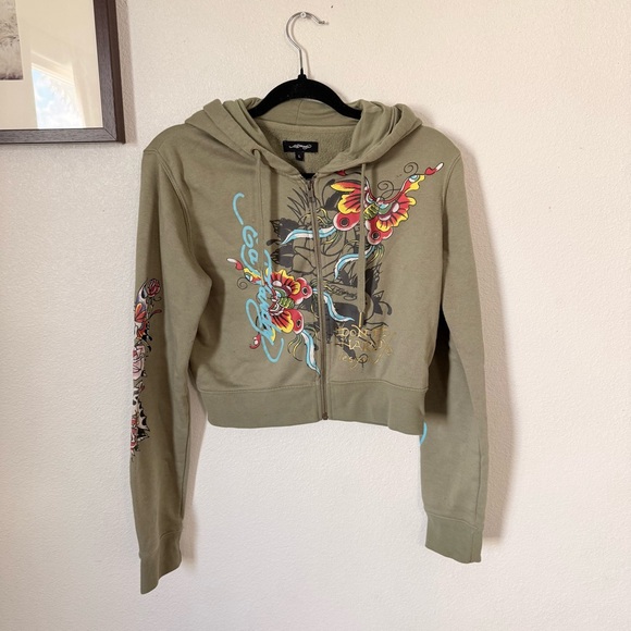 Ed Hardy Butterfly & Rose Crop Girls Hoodie Size Largre - Picture 2 of 10